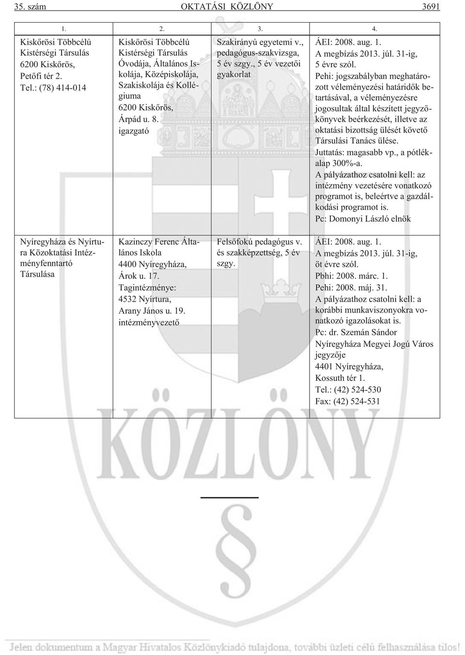 , pedagógus-szakvizsga, 5 év szgy., 5 év i gyakorlat ÁEI: 2008. aug. 1. A megbízás 2013. júl. 31-ig, 5 évre szól.