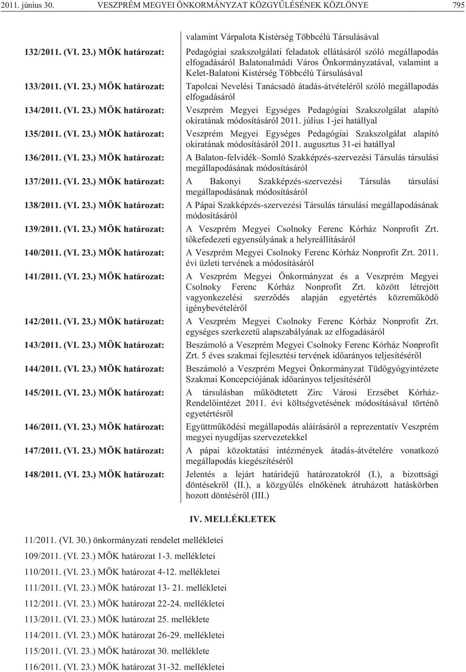 133/2011. (VI. 23.) MÖK határozat: Tapolcai Nevelési Tanácsadó átadás-átvételéről szóló megállapodás elfogadásáról 134/2011. (VI. 23.) MÖK határozat: Veszprém Megyei Egységes Pedagógiai Szakszolgálat alapító okiratának módosításáról 2011.