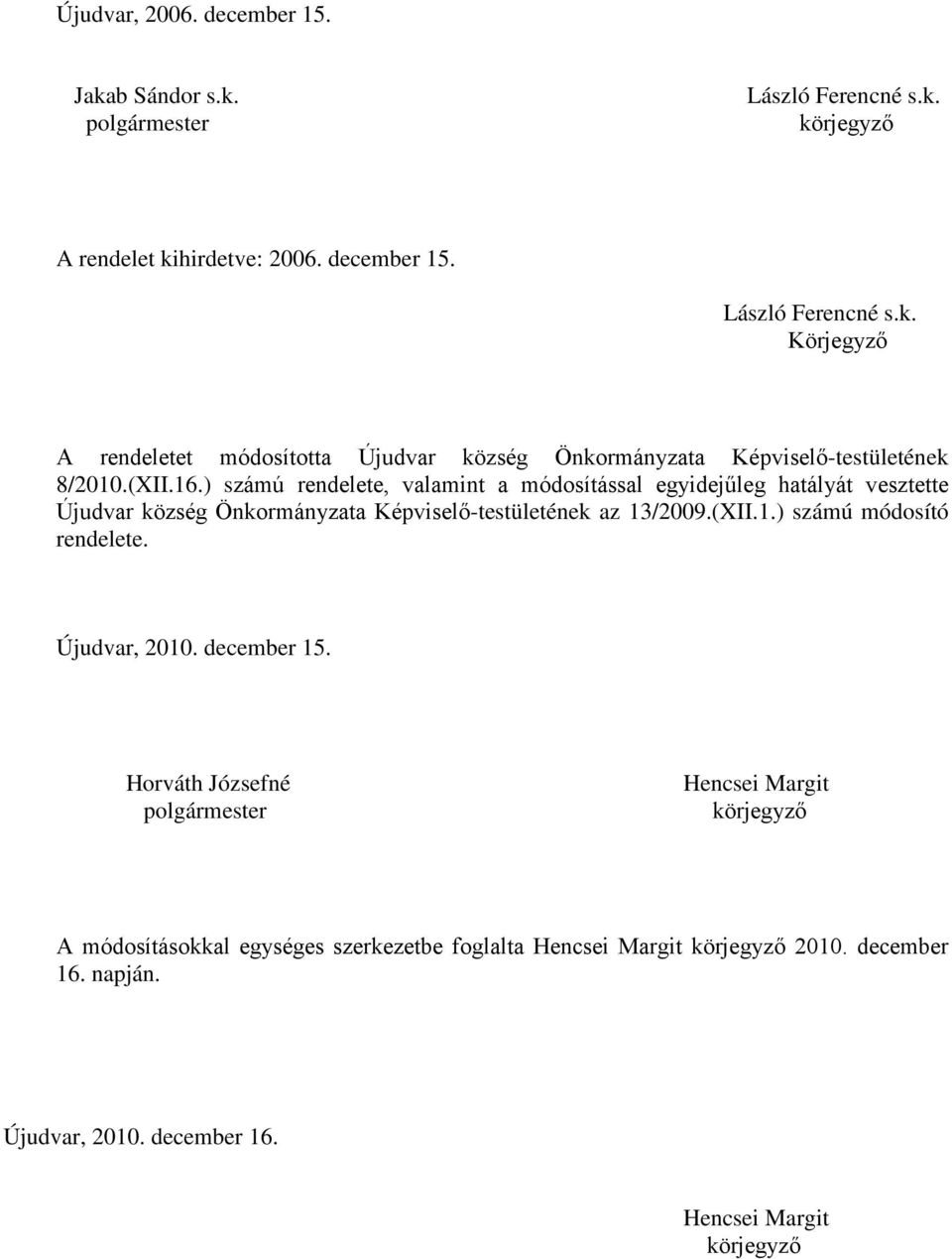 Újudvar, 2010. december 15. Horváth Józsefné polgármester Hencsei Margit körjegyző A módosításokkal egységes szerkezetbe foglalta Hencsei Margit körjegyző 2010.