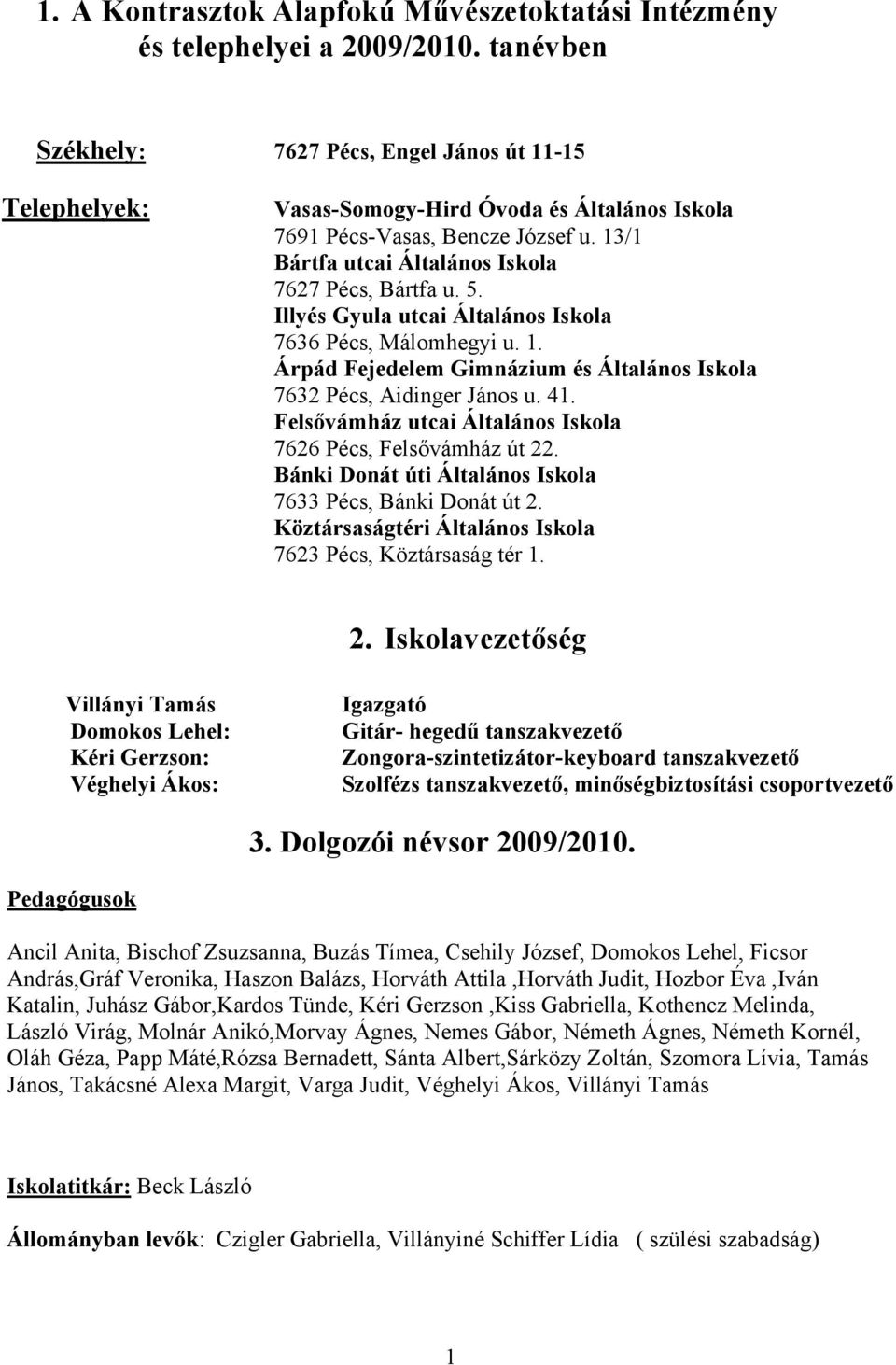 Illyés Gyula utcai Általános Iskola 7636 Pécs, Málomhegyi u. 1. Árpád Fejedelem Gimnázium és Általános Iskola 7632 Pécs, Aidinger János u. 41.