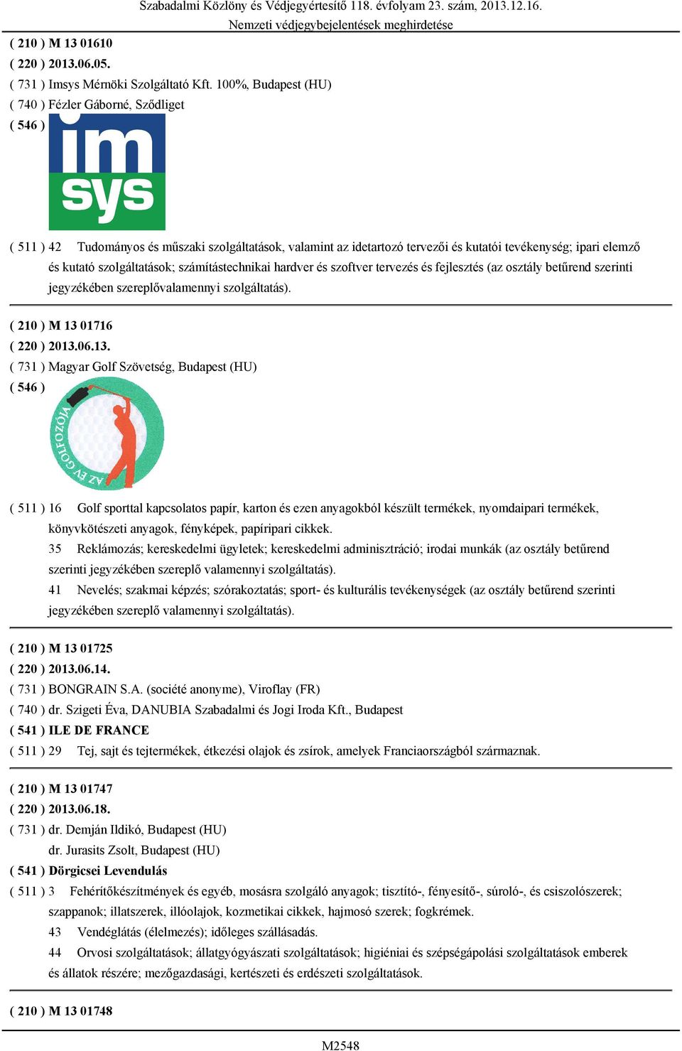 számítástechnikai hardver és szoftver tervezés és fejlesztés (az osztály betűrend szerinti jegyzékében szereplővalamennyi szolgáltatás). ( 210 ) M 13 