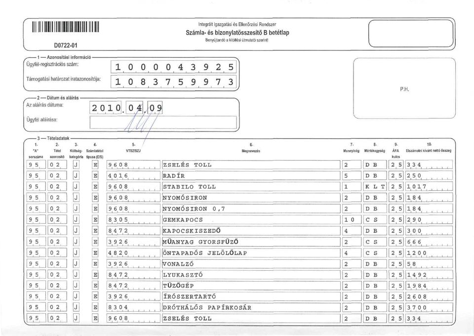 "A" Tétel Költség- Számlatétel sorszáma azonosító kategóra tpusa (E/S) ÍJ 968 46 968 968-968 8 847 ZSELÉS RADÍR TOLL STABILO TOLL NYOMÓSIRON NYOMÓSIRON,7 IGEMKAPOCS KAPOCSKISZEDŐ 6.