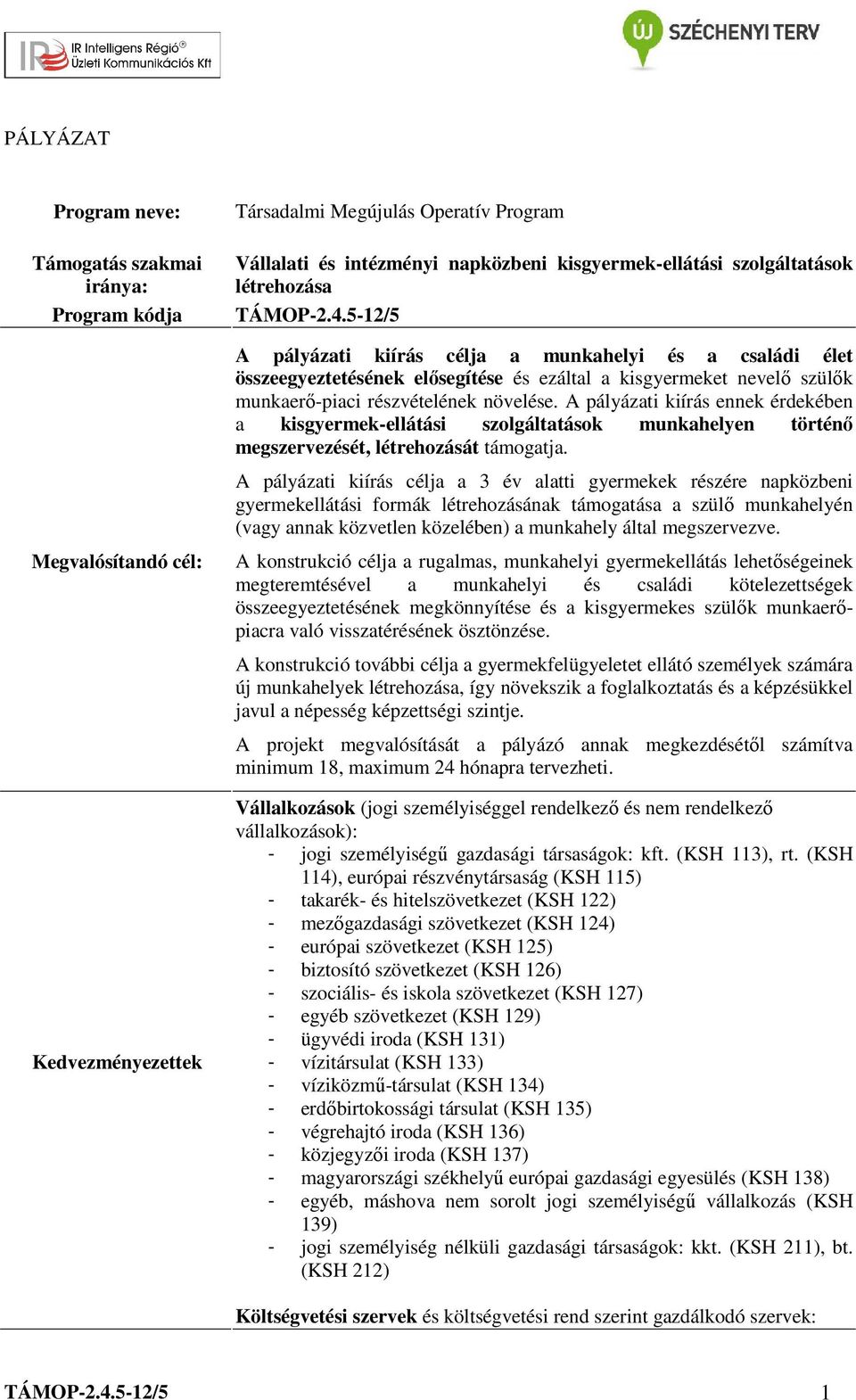 A pályázati kiírás ennek érdekében a kisgyermek-ellátási szolgáltatások munkahelyen történő megszervezését, létrehozását támogatja.