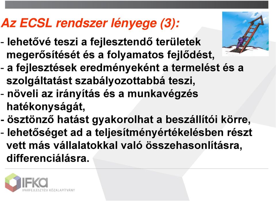 növeli az irányítás és a munkavégzés hatékonyságát, - ösztönző hatást gyakorolhat a beszállítói körre, -