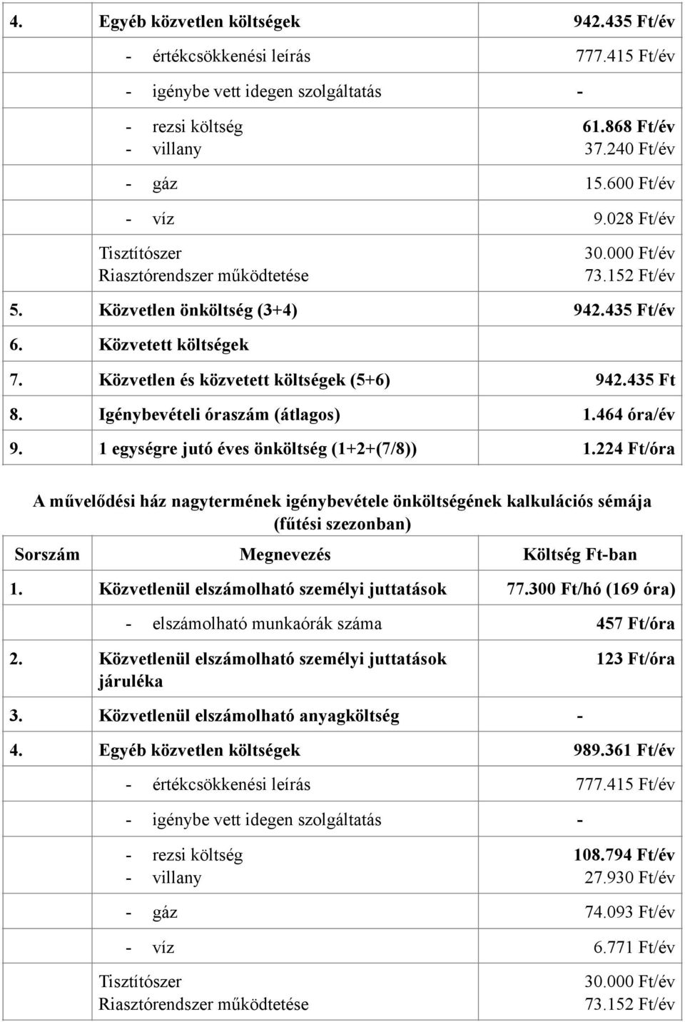 Igénybevételi óraszám (átlagos) 1.464 óra/év 9. 1 egységre jutó éves önköltség (1+2+(7/8)) 1.