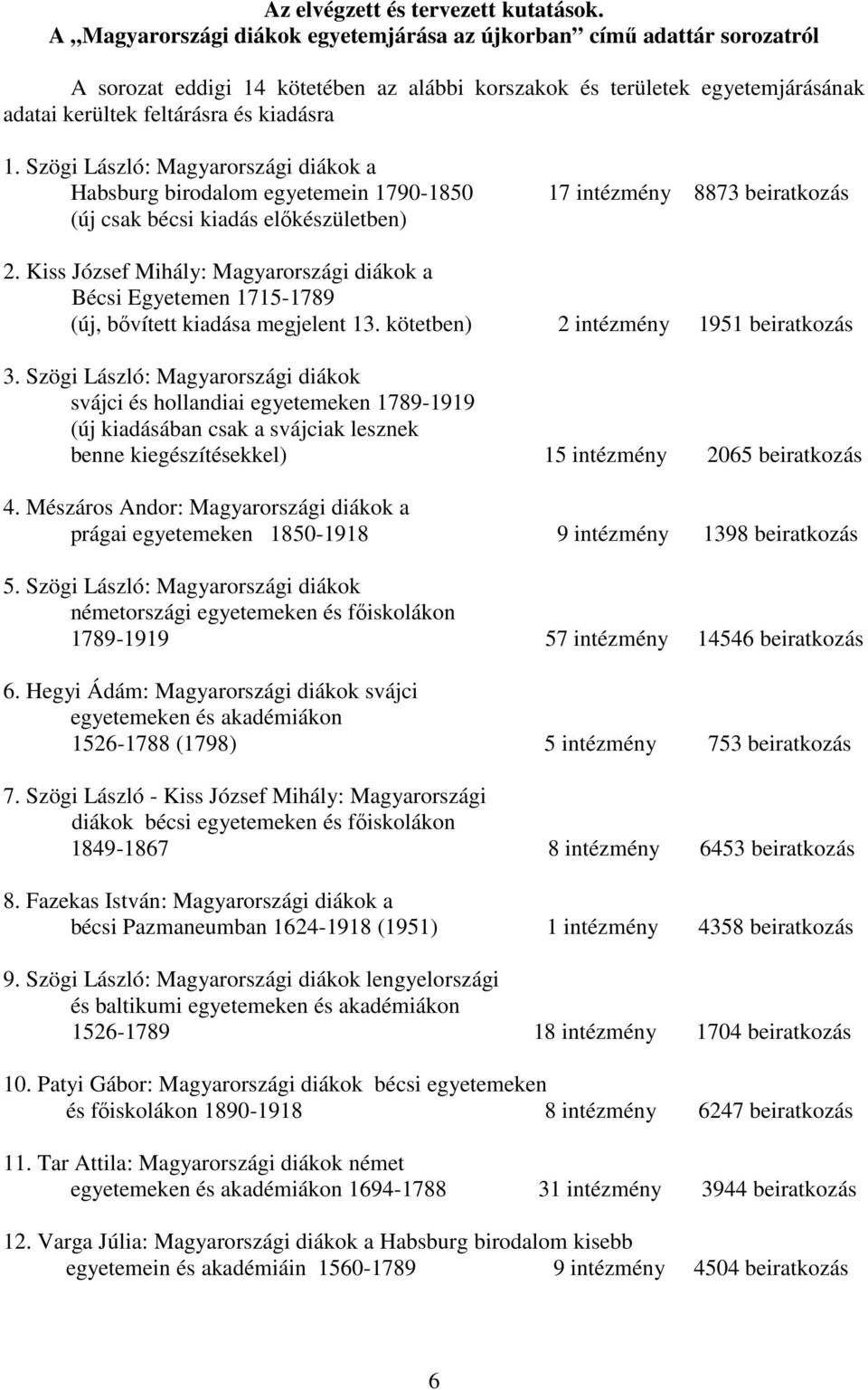 Szögi László: Magyarországi diákok a Habsburg birodalom egyetemein 1790-1850 17 intézmény 8873 beiratkozás (új csak bécsi kiadás előkészületben) 2.