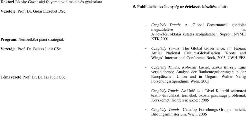 Témavezet:Prof. Dr. Balázs Judit CSc. - Czeglédy Tamás: A Global Governance gondolat megszületése in: A nevelés, oktatás kutatás szolgálatában.