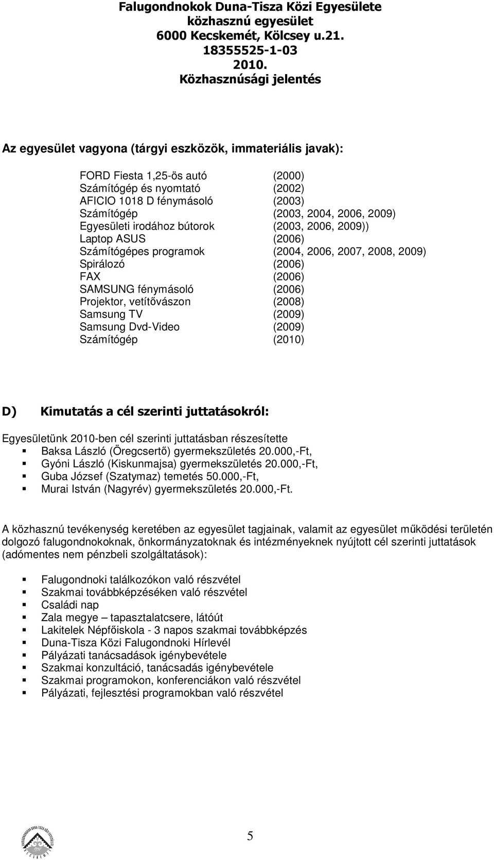 (2008) Samsung TV (2009) Samsung Dvd-Video (2009) Számítógép (2010) D) Kimutatás a cél szerinti juttatásokról: Egyesületünk 2010-ben cél szerinti juttatásban részesítette Baksa László (Öregcsertő)