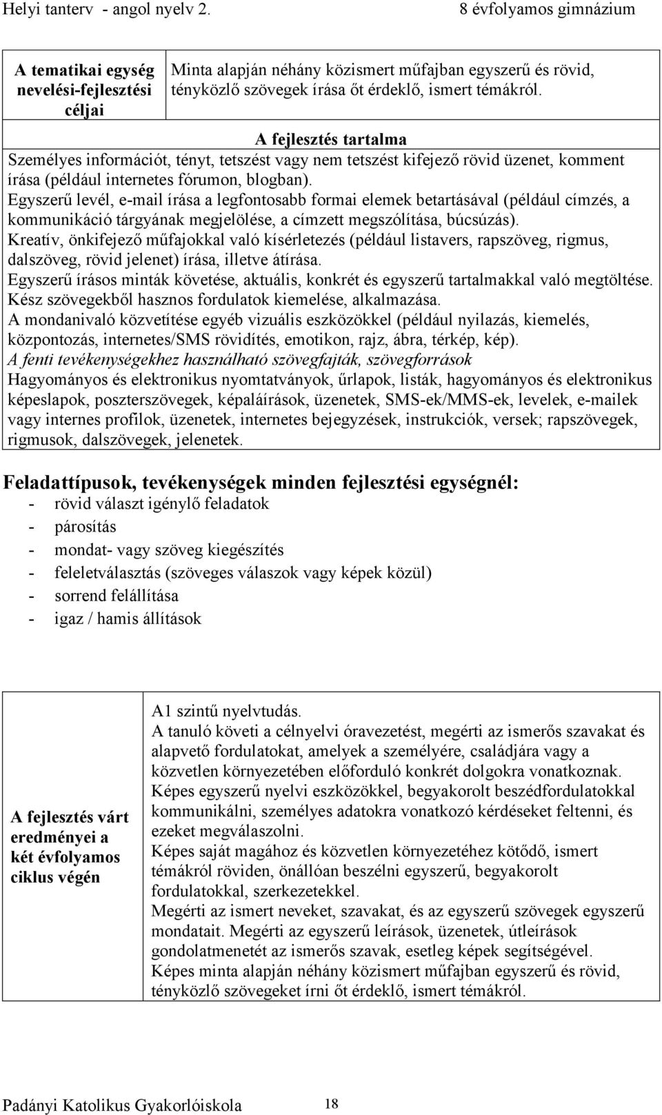 Egyszerű levél, e-mail írása a legfontosabb formai elemek betartásával (például címzés, a kommunikáció tárgyának megjelölése, a címzett megszólítása, búcsúzás).