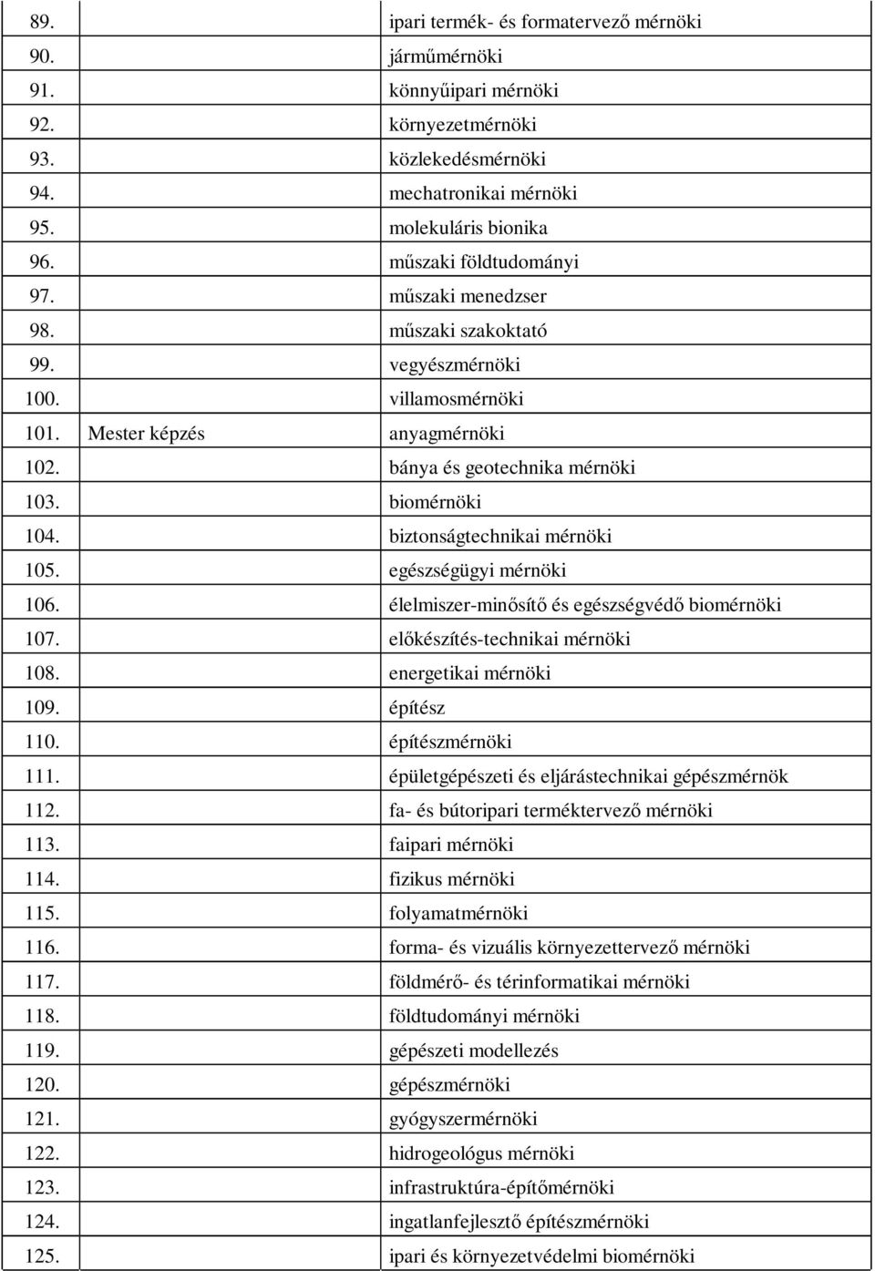 biztonságtechnikai mérnöki 105. egészségügyi mérnöki 106. élelmiszer-minősítő és egészségvédő biomérnöki 107. előkészítés-technikai mérnöki 108. energetikai mérnöki 109. építész 110.