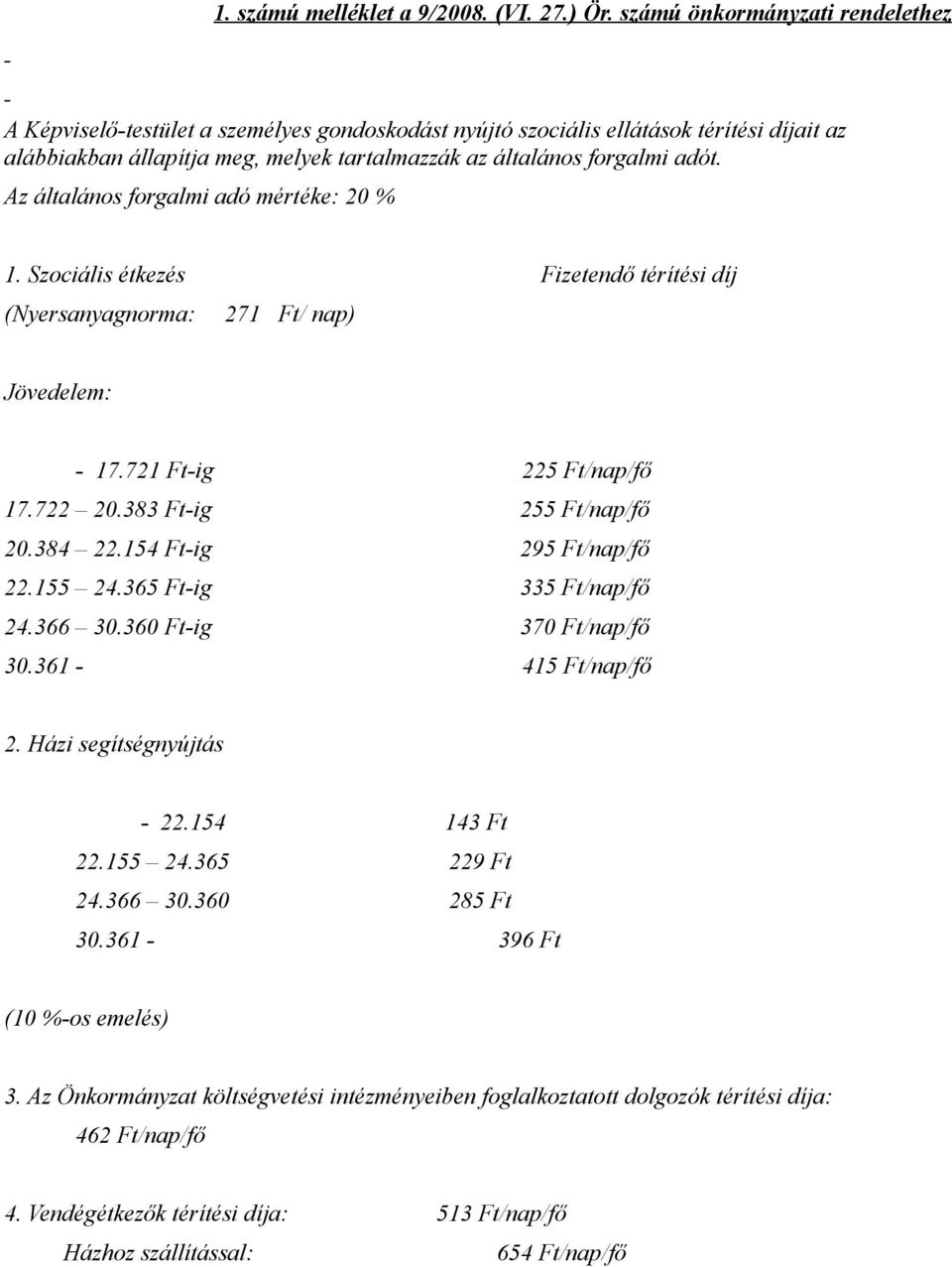 Az általános forgalmi adó mértéke: 20 % 1. Szociális étkezés Fizetendő térítési díj (Nyersanyagnorma: 271 Ft/ nap) Jövedelem: - 17.721 Ft-ig 225 Ft/nap/fő 17.722 20.383 Ft-ig 255 Ft/nap/fő 20.384 22.