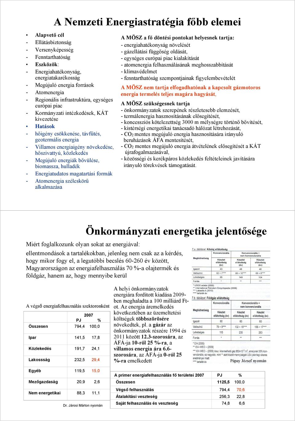 növekedése, hőszivattyú, közlekedés - Megújuló energiák bővülése, biomassza, hulladék - Energiatudatos magatartási formák - Atomenergia széleskörű alkalmazása A MÖSZ a fő döntési pontokat helyesnek