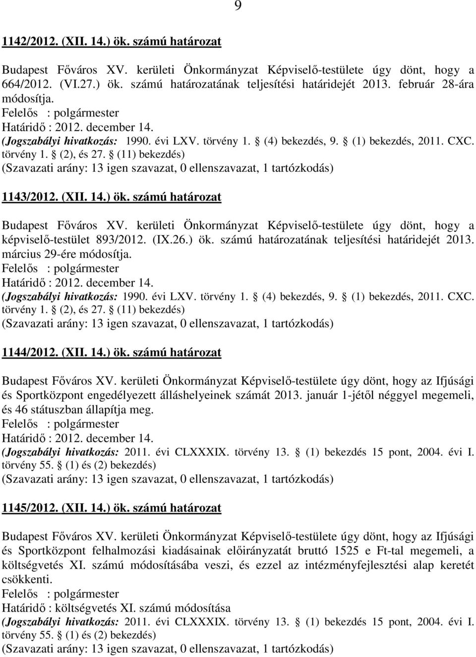 (11) bekezdés) (Szavazati arány: 13 igen szavazat, 0 ellenszavazat, 1 tartózkodás) 1143/2012. (XII. 14.) ök. számú határozat Budapest Főváros XV.