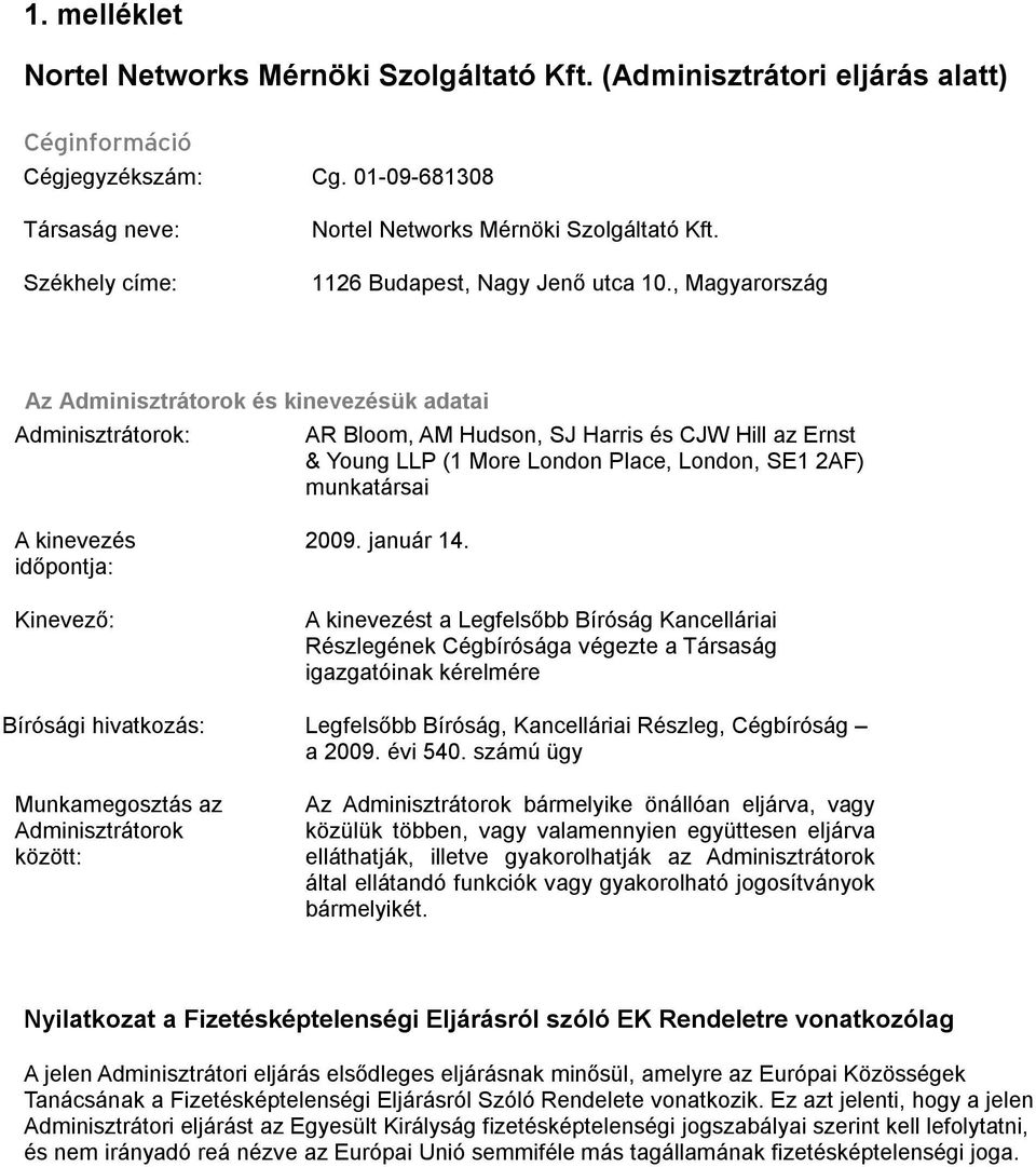 , Magyarország Az Adminisztrátorok és kinevezésük adatai Adminisztrátorok: AR Bloom, AM Hudson, SJ Harris és CJW Hill az Ernst & Young LLP (1 More London Place, London, SE1 2AF) munkatársai A