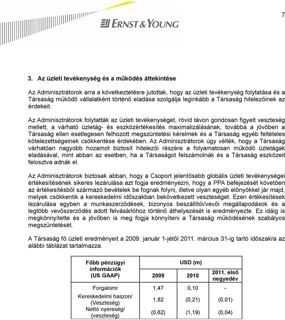 Az Adminisztrátorok folytatták az üzleti tevékenységet, rövid távon gondosan figyelt veszteség mellett, a várható üzletág- és eszközértékesítés maximalizálásának, továbbá a jövőben a Társaság ellen