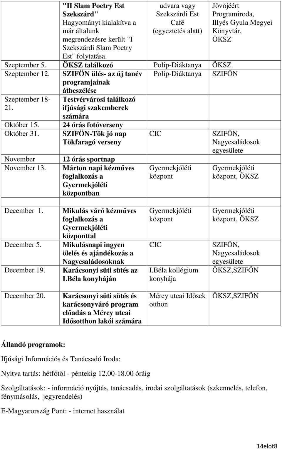 Testvérvárosi találkozó ifjúsági szakemberek számára 24 órás fotóverseny SZIFÖN-Tök jó nap Tökfaragó verseny 12 órás sportnap Márton napi kézmőves foglalkozás a Gyermekjóléti központban CIC