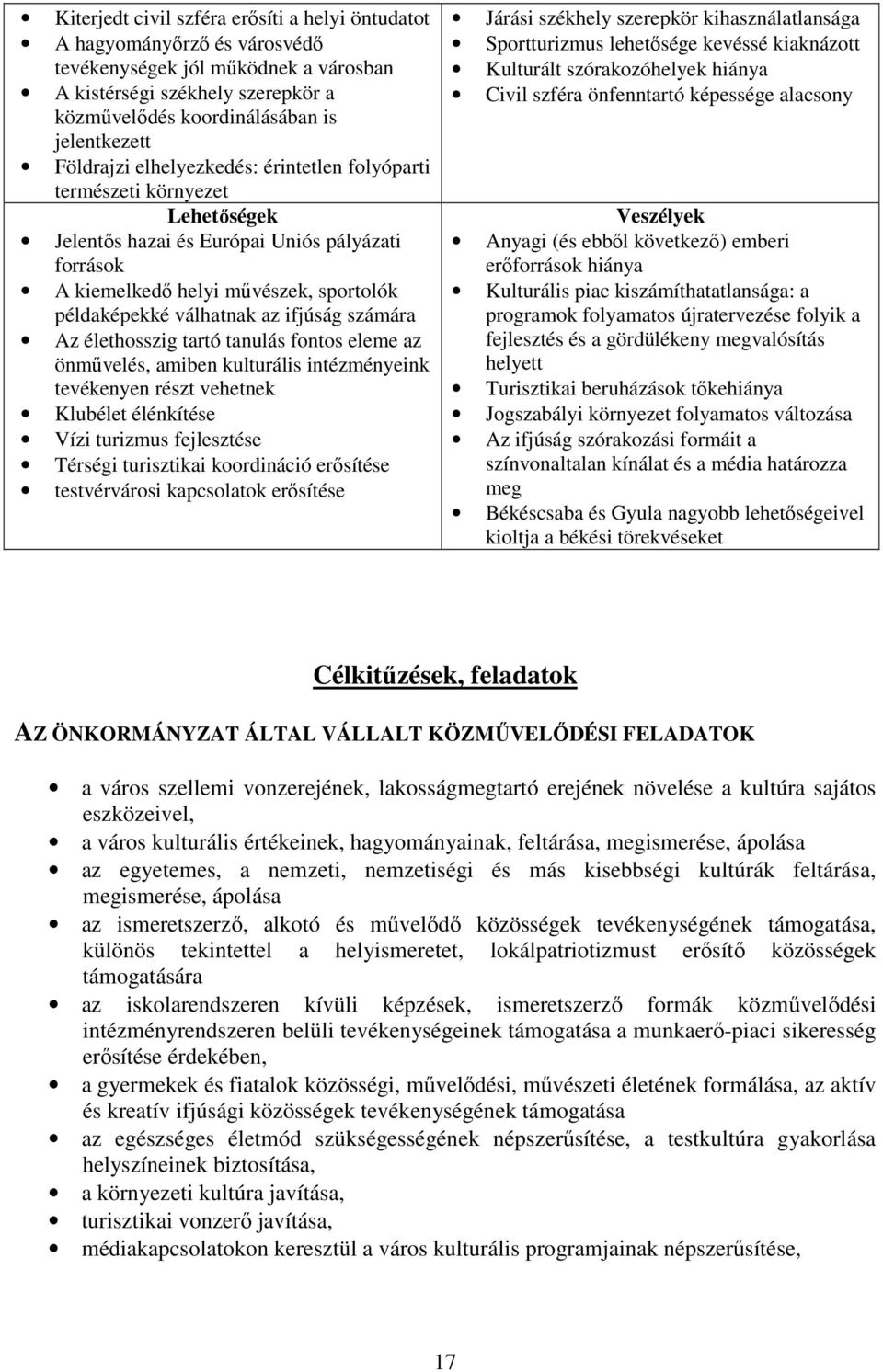 ifjúság számára Az élethosszig tartó tanulás fontos eleme az önművelés, amiben kulturális intézményeink tevékenyen részt vehetnek Klubélet élénkítése Vízi turizmus fejlesztése Térségi turisztikai