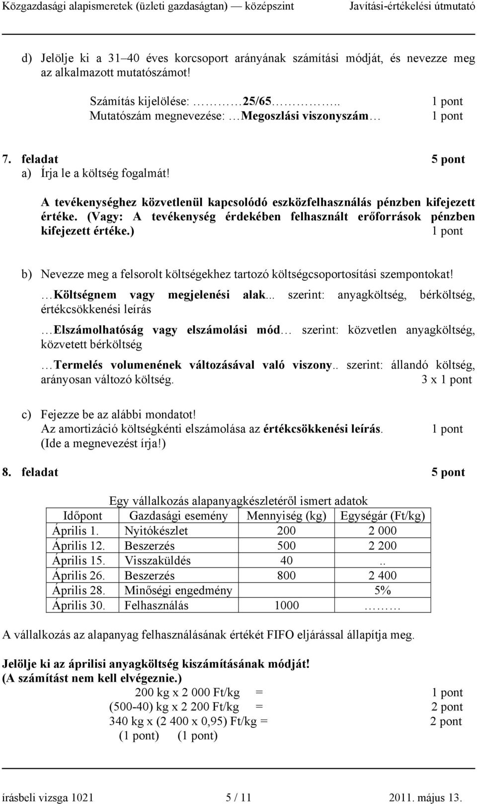 (Vagy: A tevékenység érdekében felhasznált erőforrások pénzben kifejezett értéke.) b) Nevezze meg a felsorolt költségekhez tartozó költségcsoportosítási szempontokat! Költségnem vagy megjelenési alak.