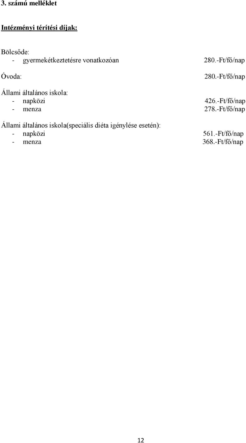 -Ft/fő/nap Állami általános iskola: - napközi 426.-Ft/fő/nap - menza 278.