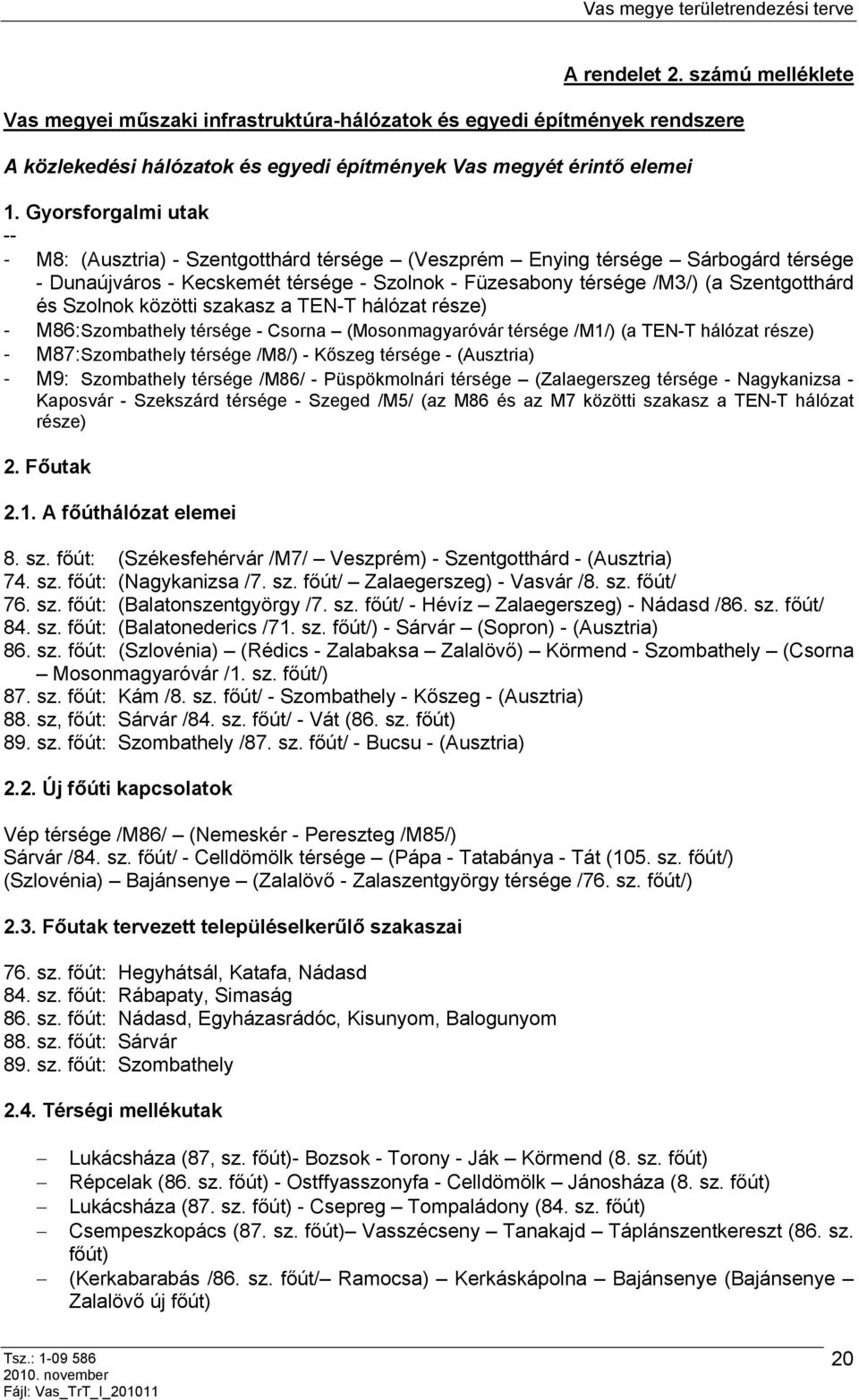 Szolnok közötti szakasz a TEN-T hálózat része) - M86: Szombathely térsége - Csorna (Mosonmagyaróvár térsége /M1/) (a TEN-T hálózat része) - M87: Szombathely térsége /M8/) - Kőszeg térsége -