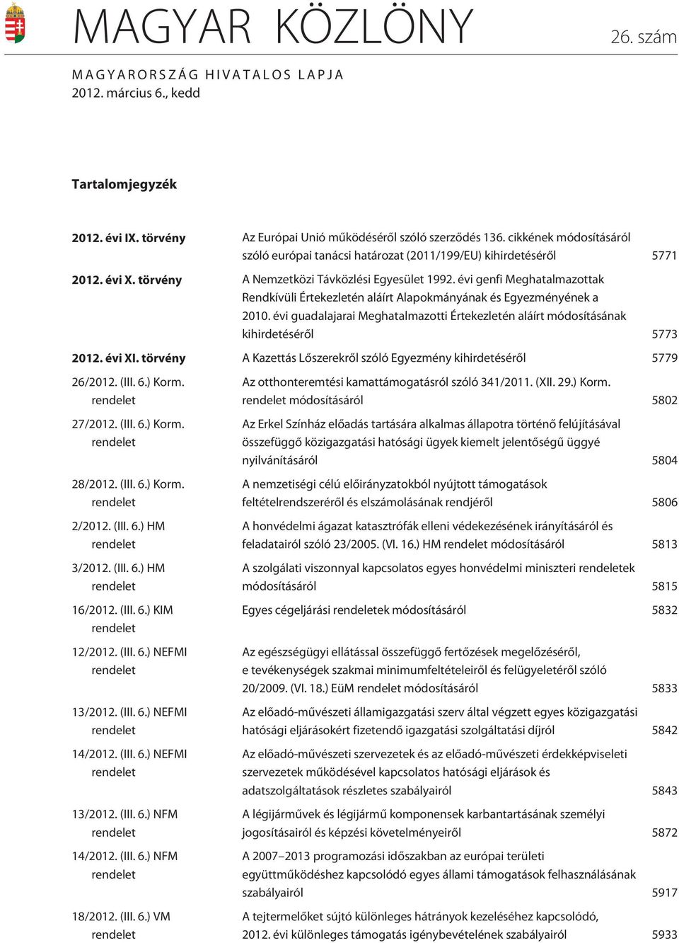 évi genfi Meghatalmazottak Rendkívüli Értekezletén aláírt Alapokmányának és Egyezményének a 2010. évi guadalajarai Meghatalmazotti Értekezletén aláírt módosításának kihirdetésérõl 5773 2012. évi XI.