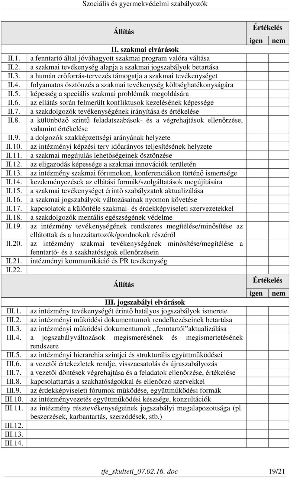 tevékenységet folyamatos ösztönzés a szakmai tevékenység költséghatékonyságára képesség a speciális szakmai problémák megoldására az ellátás során felmerült konfliktusok kezelésének képessége a