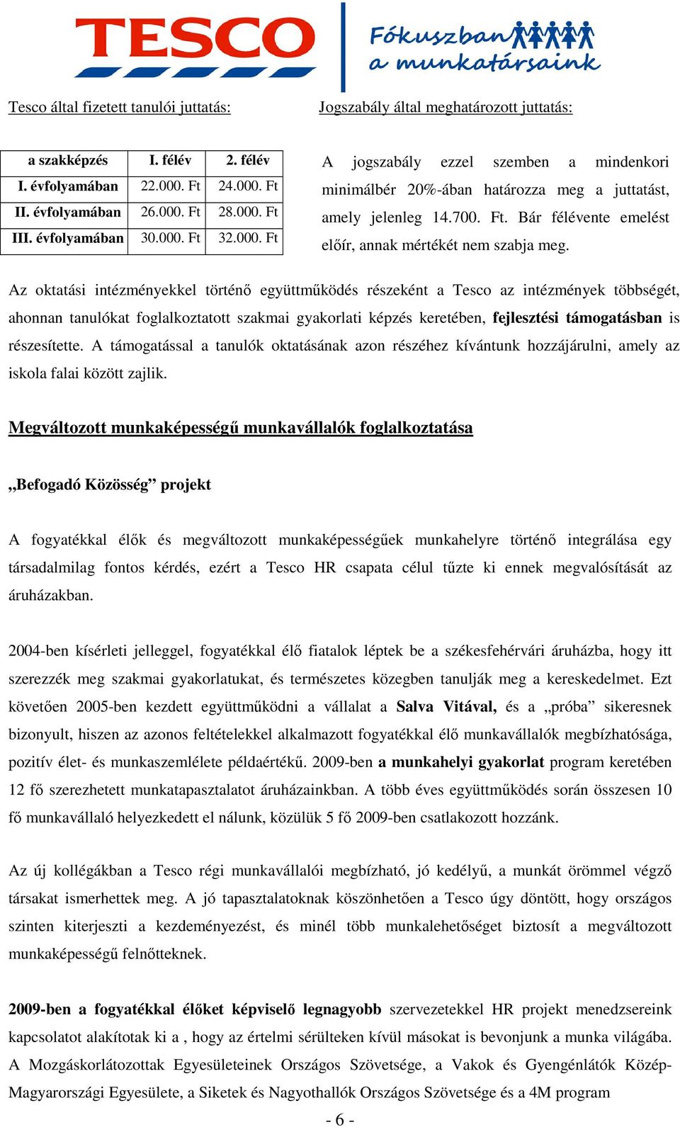 Az oktatási intézményekkel történı együttmőködés részeként a Tesco az intézmények többségét, ahonnan tanulókat foglalkoztatott szakmai gyakorlati képzés keretében, fejlesztési támogatásban is