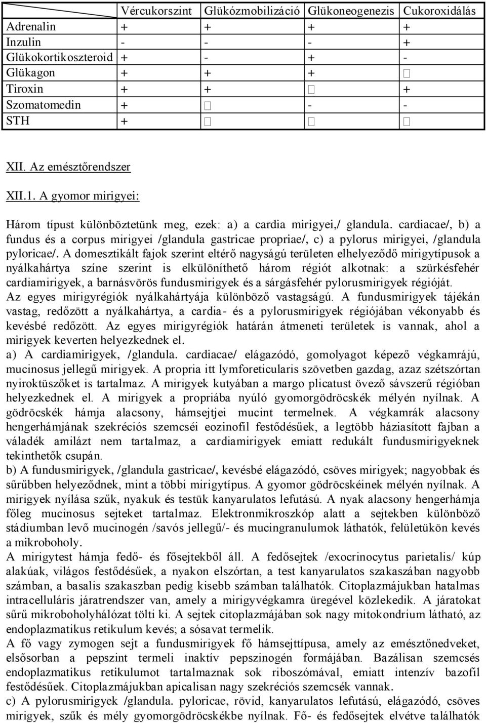 cardiacae/, b) a fundus és a corpus mirigyei /glandula gastricae propriae/, c) a pylorus mirigyei, /glandula pyloricae/.