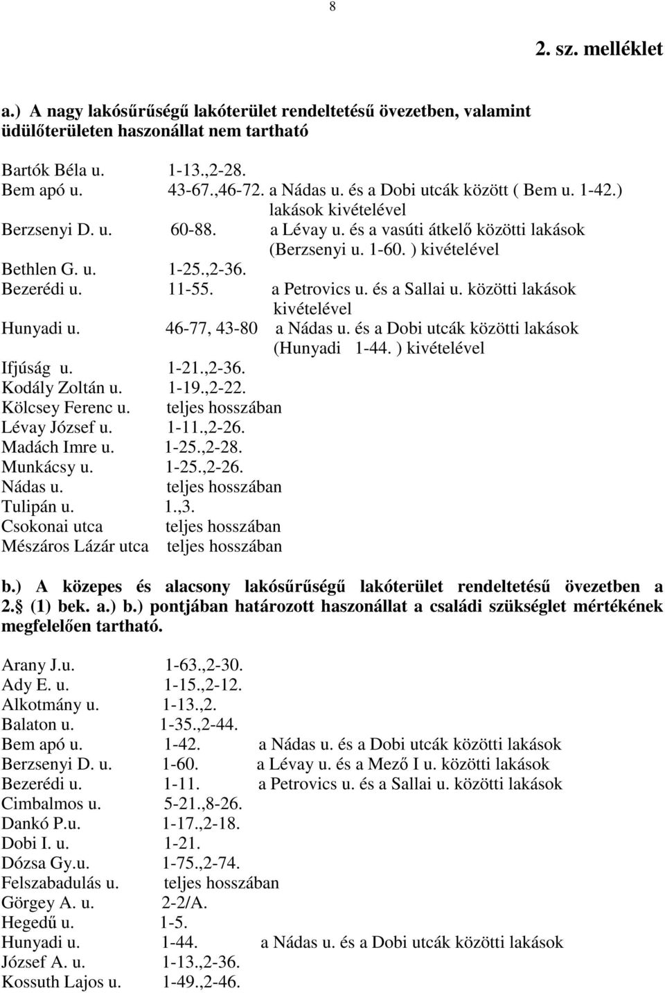 11-55. a Petrovics u. és a Sallai u. közötti lakások kivételével Hunyadi u. 46-77, 43-80 a Nádas u. és a Dobi utcák közötti lakások (Hunyadi 1-44. ) kivételével Ifjúság u. 1-21.,2-36. Kodály Zoltán u.