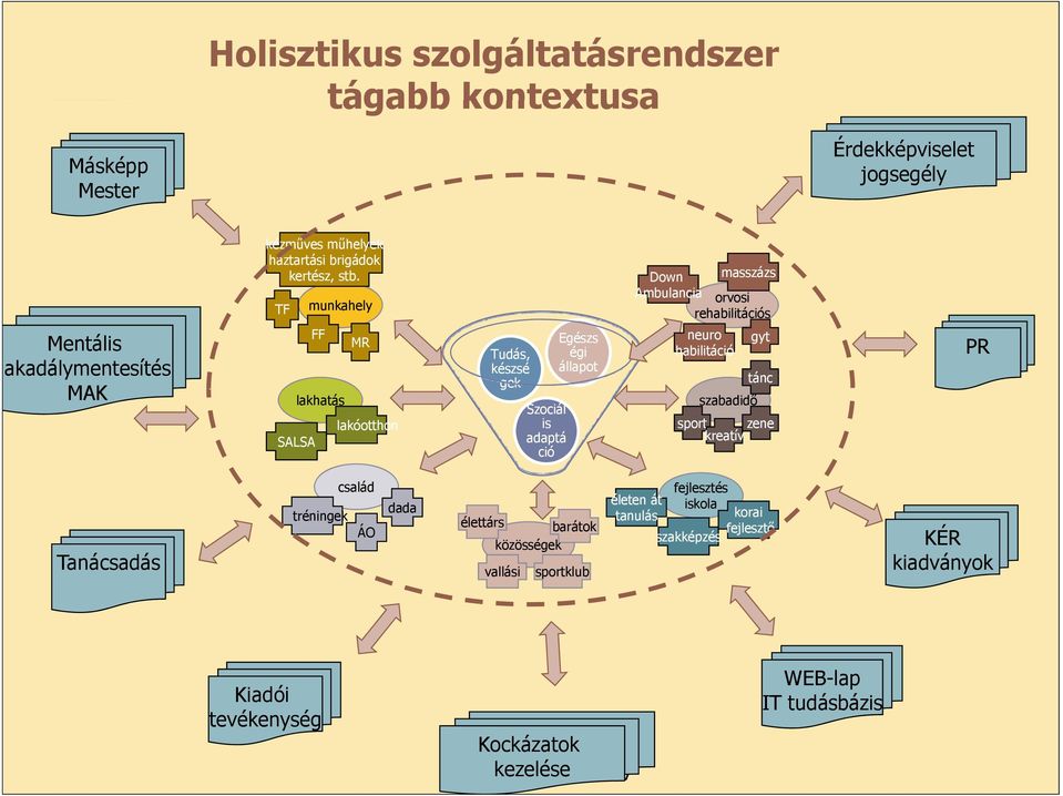TF munkahely FF lakhatás SALSA MR lakóotthon Tudás, készsé gek Szociál is adaptá ció Egészs égi állapot Down masszázs Ambulancia orvosi rehabilitációs