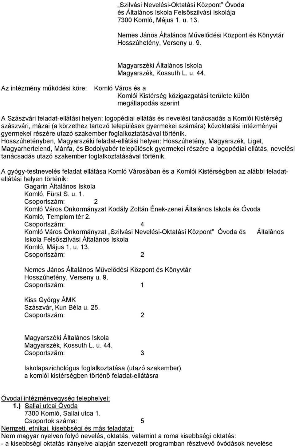 Az intézmény működési köre: Komló Város és a Komlói Kistérség közigazgatási területe külön megállapodás szerint A Szászvári feladat-ellátási helyen: logopédiai ellátás és nevelési tanácsadás a Komlói