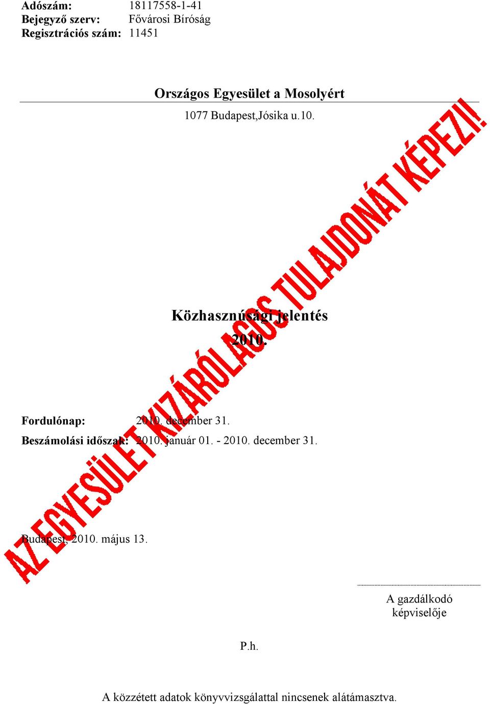 december 31. Beszámolási időszak: 2010. január 01. - 2010. december 31. Budapest, 2010.