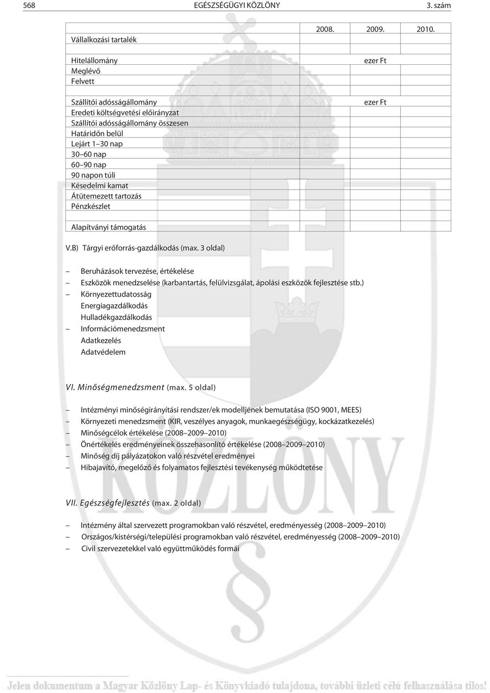 nap 90 napon túli Késedelmi kamat Átütemezett tartozás Pénzkészlet 2008. 2009. 2010. ezer Ft ezer Ft Alapítványi támogatás V.B) Tárgyi erõforrás-gazdálkodás (max.