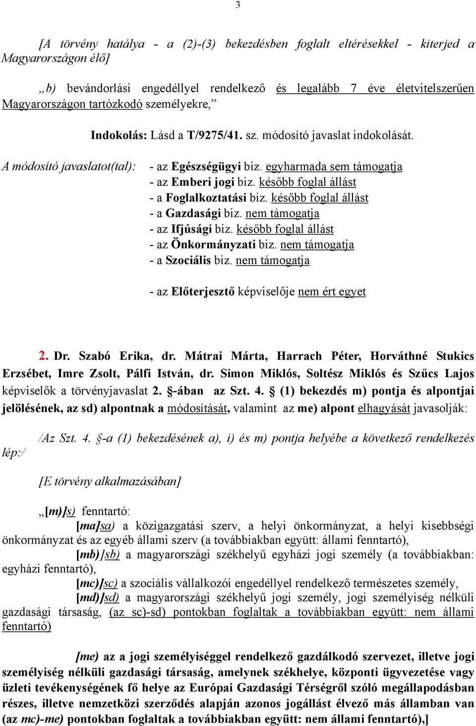 nem támogatja - a Szociális biz. nem támogatja - az Előterjesztő képviselője nem ért egyet 2. Dr. Szabó Erika, dr.