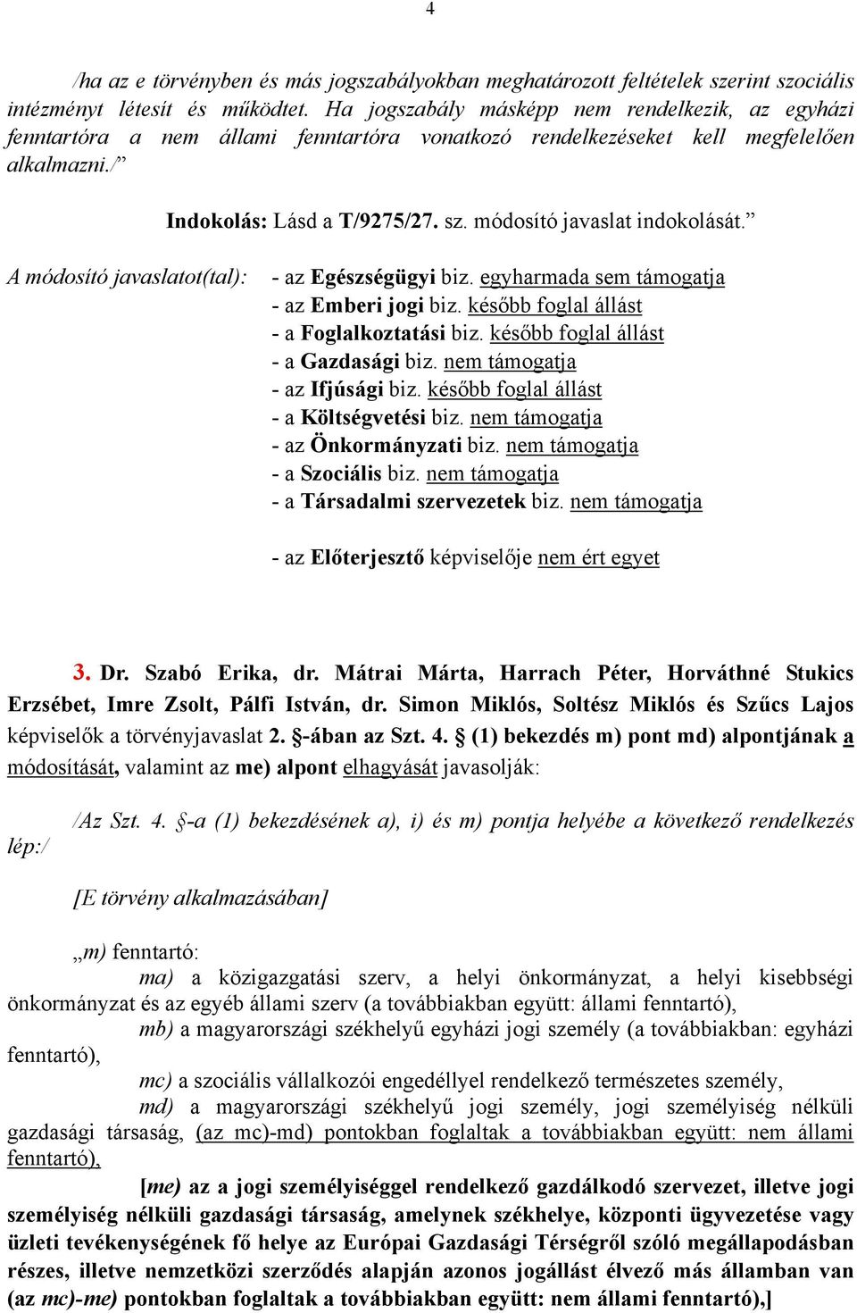 módosító javaslat indokolását. - az Egészségügyi biz. egyharmada sem támogatja - a Gazdasági biz. nem támogatja - a Költségvetési biz. nem támogatja - az Önkormányzati biz.