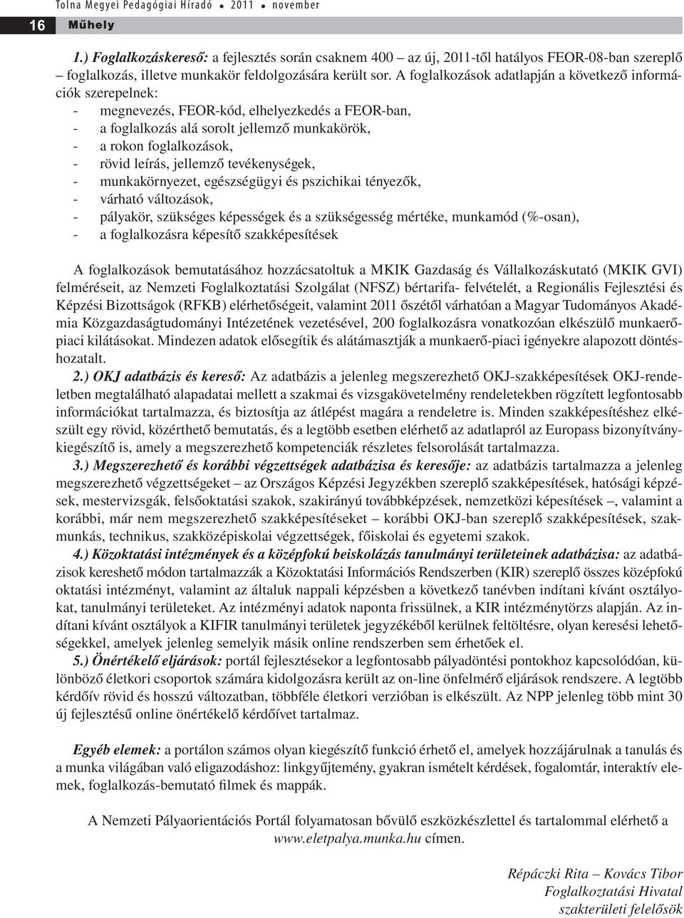 leírás, jellemző tevékenységek, - munkakörnyezet, egészségügyi és pszichikai tényezők, - várható változások, - pályakör, szükséges képességek és a szükségesség mértéke, munkamód (%-osan), - a