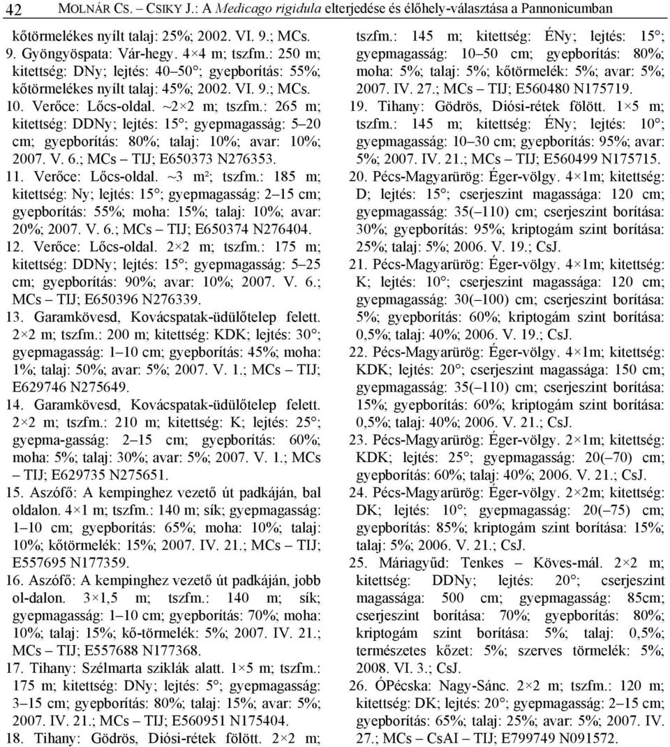 : 265 m; kitettség: DDNy; lejtés: 15 ; gyepmagasság: 5 20 cm; gyepborítás: 80%; talaj: 10%; avar: 10%; 2007. V. 6.; MCs TIJ; E650373 N276353. 11. Verőce: Lőcs-oldal. ~3 m²; tszfm.