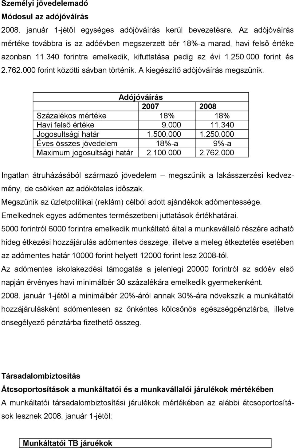 000 forint közötti sávban történik. A kiegészítő adójóváírás megszűnik. Adójóváírás 2007 2008 Százalékos mértéke 18% 18% Havi felső értéke 9.000 11.340 Jogosultsági határ 1.500.000 1.250.