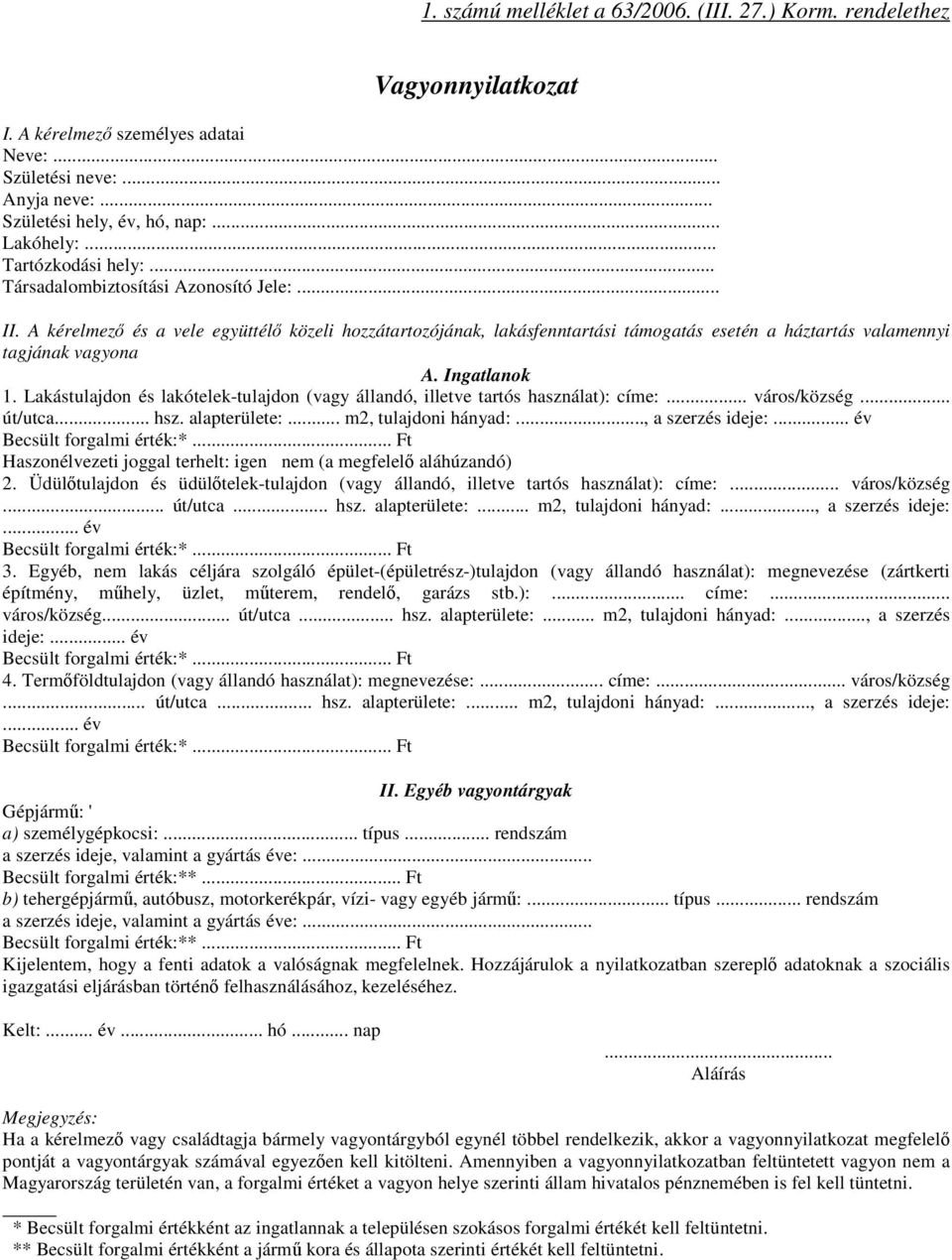 Lakástulajdon és lakótelek-tulajdon (vagy állandó, illetve tartós használat): címe: város/község út/utca hsz alapterülete: m2, tulajdoni hányad:, a szerzés ideje: év Becsült forgalmi érték:* Ft