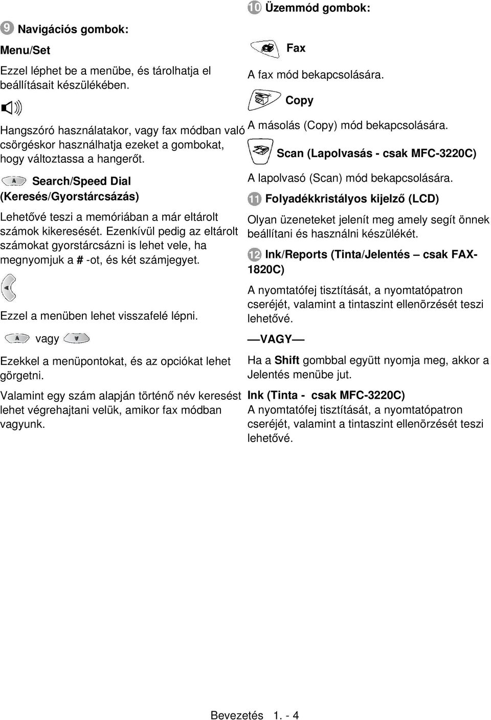 Scan (Lapolvasás - csak MFC-3220C) Search/Speed Dial (Keresés/Gyorstárcsázás) Lehetővé teszi a memóriában a már eltárolt számok kikeresését.