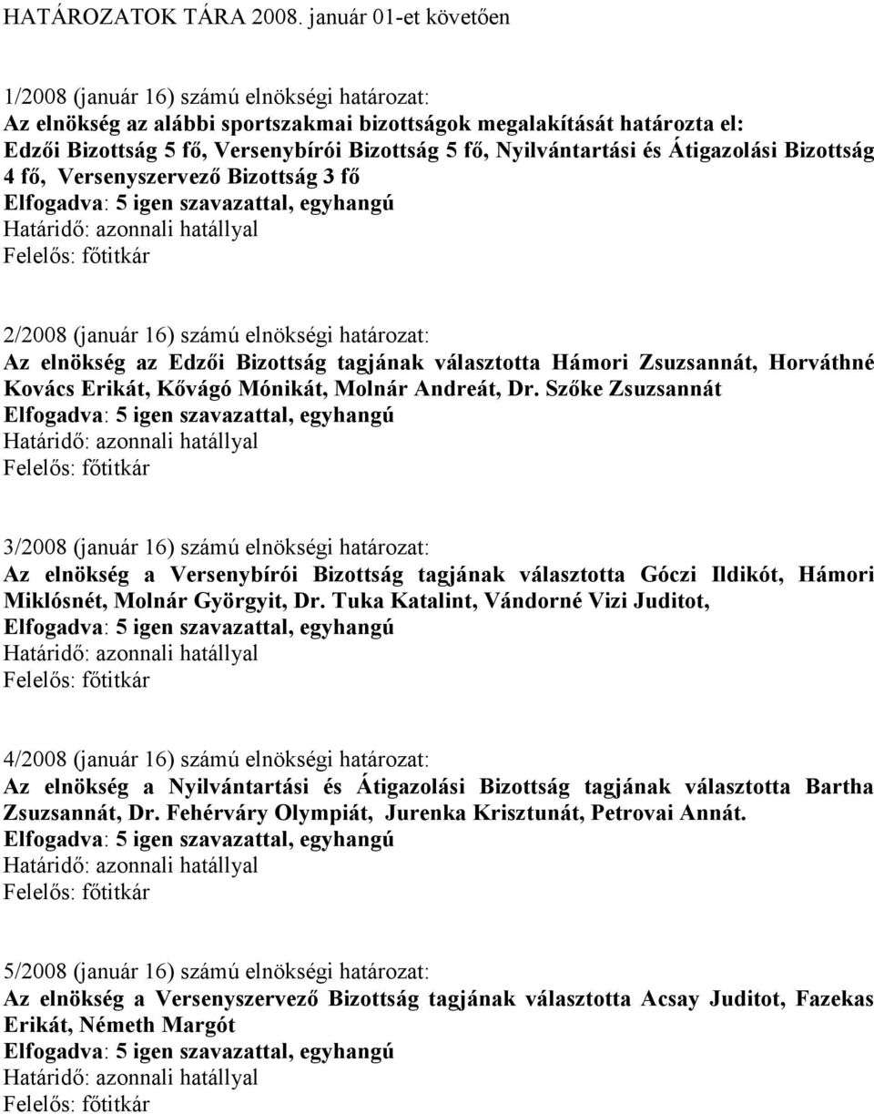 Nyilvántartási és Átigazolási Bizottság 4 fı, Versenyszervezı Bizottság 3 fı 2/2008 (január 16) számú elnökségi határozat: Az elnökség az Edzıi Bizottság tagjának választotta Hámori Zsuzsannát,