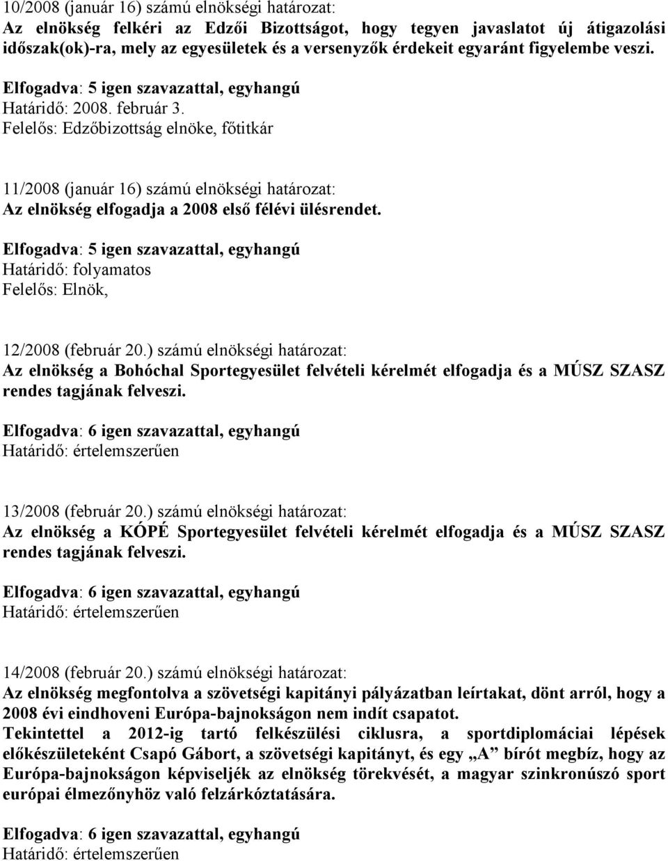 Határidı: folyamatos Felelıs: Elnök, 12/2008 (február 20.) számú elnökségi határozat: Az elnökség a Bohóchal Sportegyesület felvételi kérelmét elfogadja és a MÚSZ SZASZ rendes tagjának felveszi.