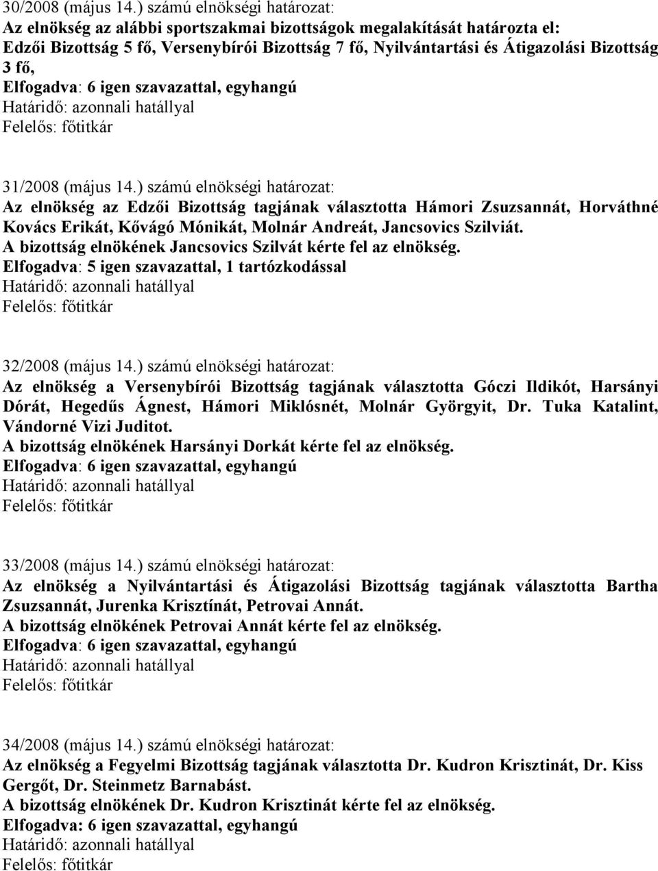 fı, 31/2008 (május 14.) számú elnökségi határozat: Az elnökség az Edzıi Bizottság tagjának választotta Hámori Zsuzsannát, Horváthné Kovács Erikát, Kıvágó Mónikát, Molnár Andreát, Jancsovics Szilviát.