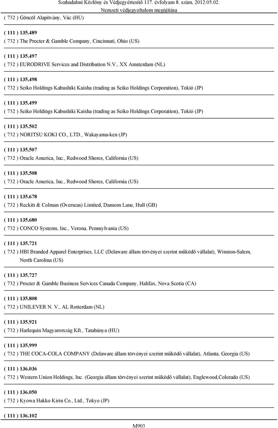 499 ( 732 ) Seiko Holdings Kabushiki Kaisha (trading as Seiko Holdings Corporation), Tokió (JP) ( 111 ) 135.502 ( 732 ) NORITSU KOKI CO., LTD., Wakayama-ken (JP) ( 111 ) 135.