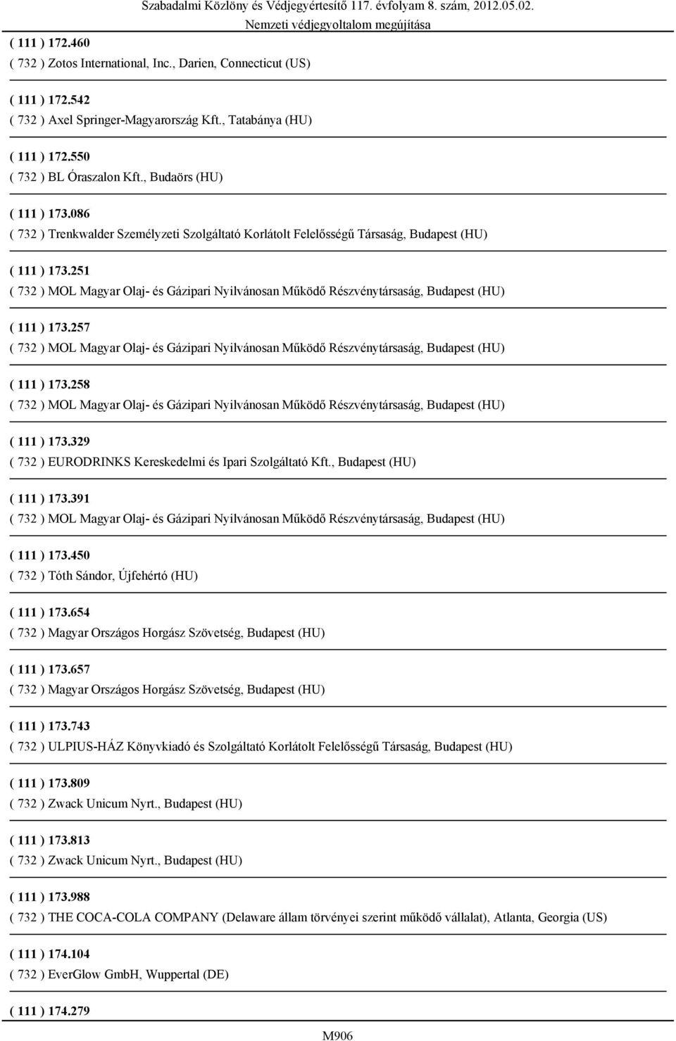 329 ( 732 ) EURODRINKS Kereskedelmi és Ipari Szolgáltató Kft., Budapest (HU) ( 111 ) 173.391 ( 111 ) 173.450 ( 732 ) Tóth Sándor, Újfehértó (HU) ( 111 ) 173.