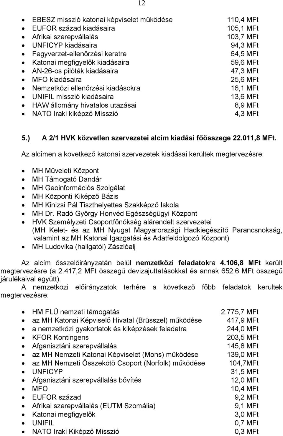 utazásai 8,9 MFt NATO Iraki kiképző Misszió 4,3 MFt 5.) A 2/1 HVK közvetlen szervezetei alcím kiadási főösszege 22.011,8 MFt.