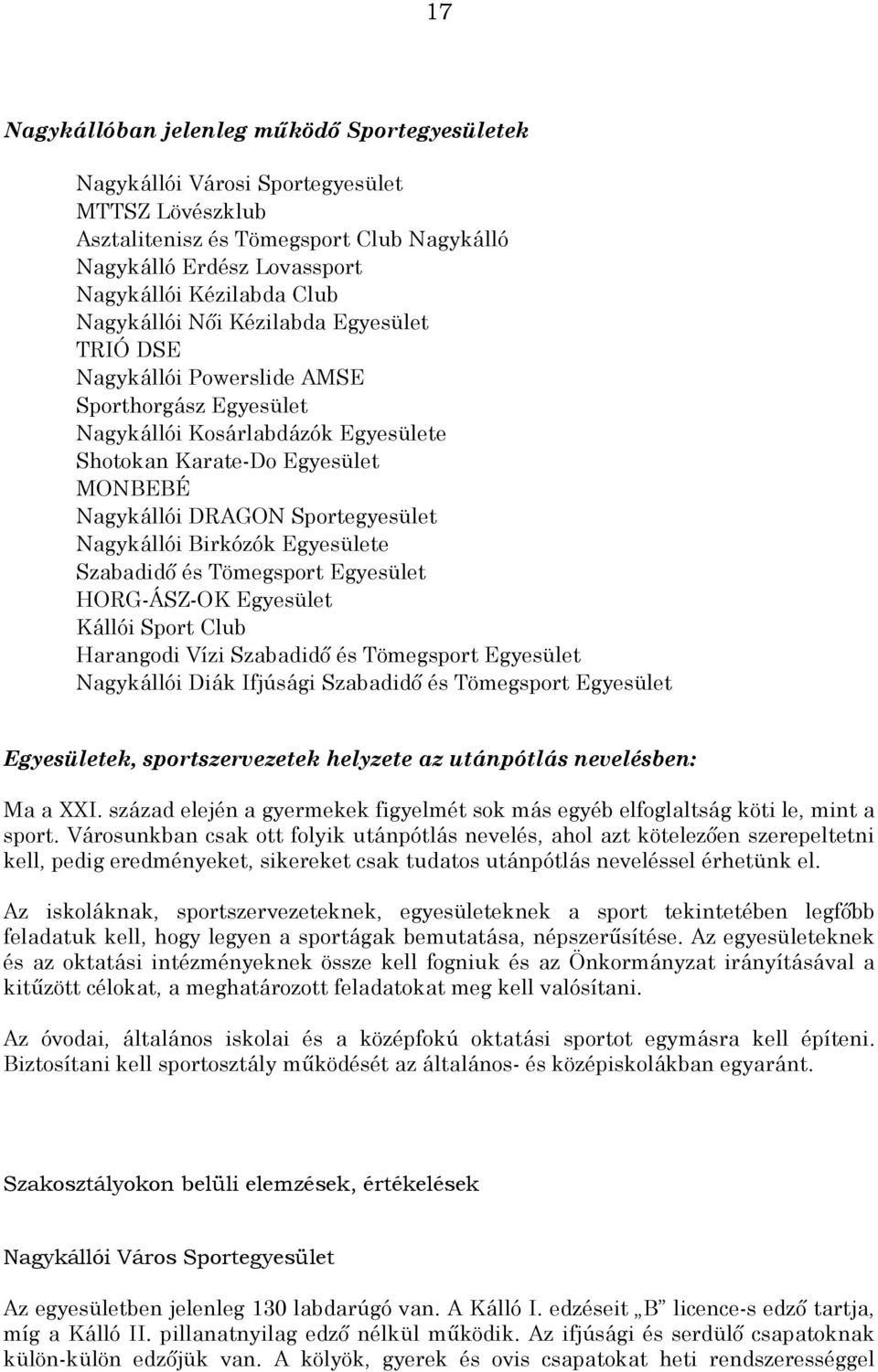 Nagykállói Birkózók Egyesülete Szabadidő és Tömegsport Egyesület HORG-ÁSZ-OK Egyesület Kállói Sport Club Harangodi Vízi Szabadidő és Tömegsport Egyesület Nagykállói Diák Ifjúsági Szabadidő és