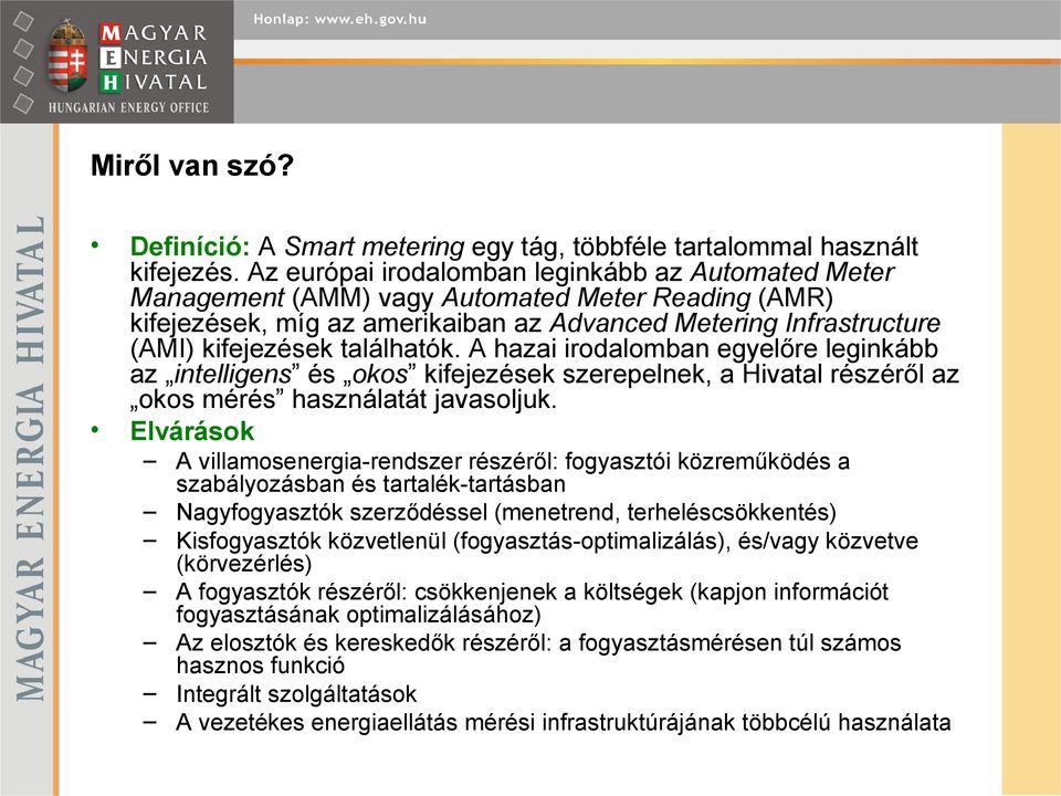 találhatók. A hazai irodalomban egyelőre leginkább az intelligens és okos kifejezések szerepelnek, a Hivatal részéről az okos mérés használatát javasoljuk.