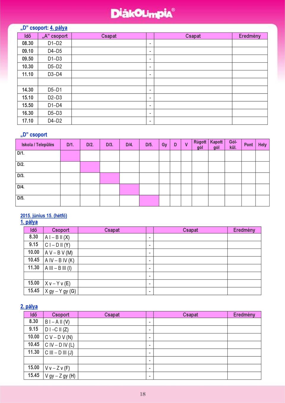 pálya Idő Csoport Csapat Csapat Eredmény 8.30 A I B II (X) - 9.15 C I D II (Y) - 10.00 A V B V (M) - 10.45 A IV B IV (K) - 11.30 A III B III (I) - - 15.00 X v Y v (E) - 15.