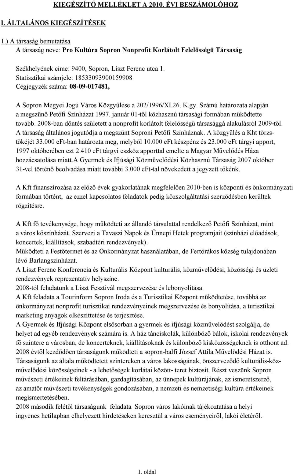 Statisztikai számjele: 18533093900159908 Cégjegyzék száma: 08-09-017481, A Sopron Megyei Jogú Város Közgyűlése a 202/1996/XI.26. K.gy. Számú határozata alapján a megszűnő Petőfi Színházat 1997.